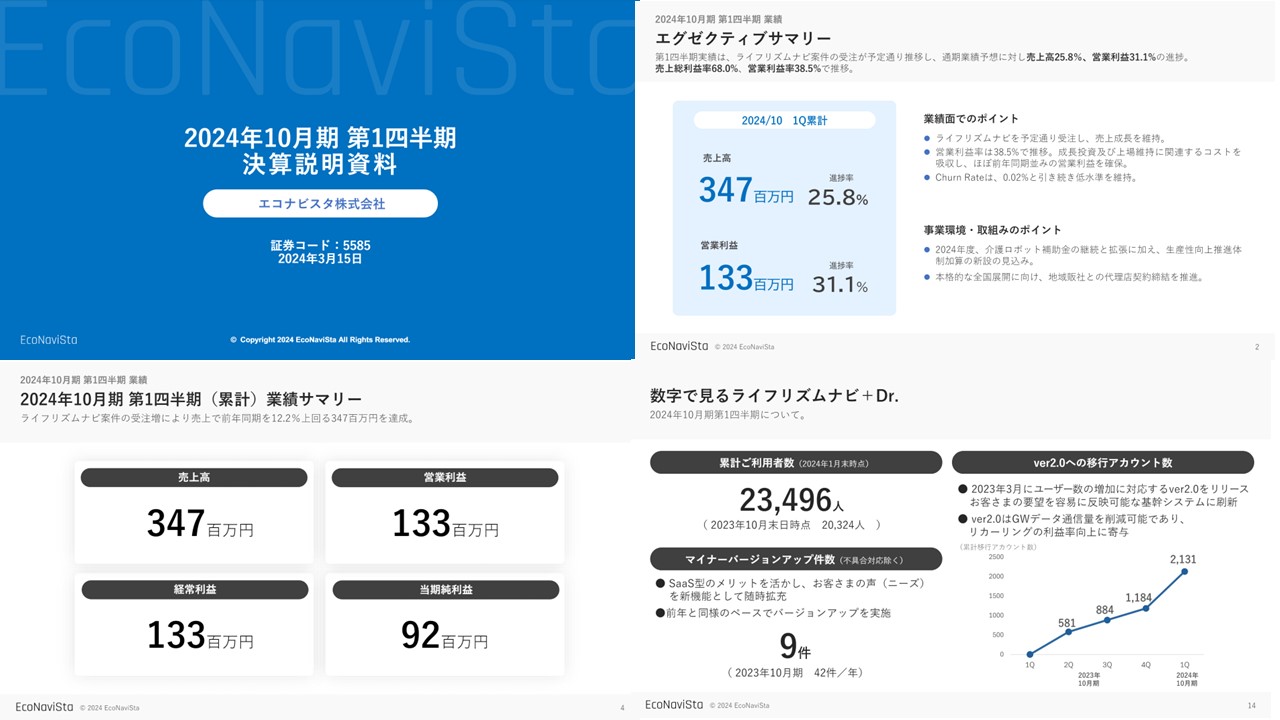 エコナビスタ株式会社の決算資料ページ