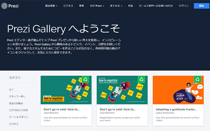 真似たい資料がたくさん掲載されているサイト：Prezi Gallery