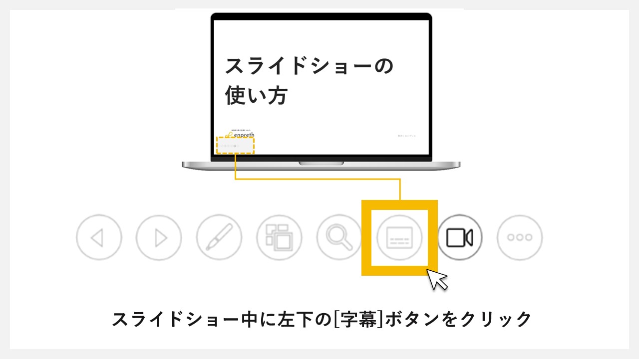 STEP3：スライドショー画面左下の[字幕]ボタンをクリック