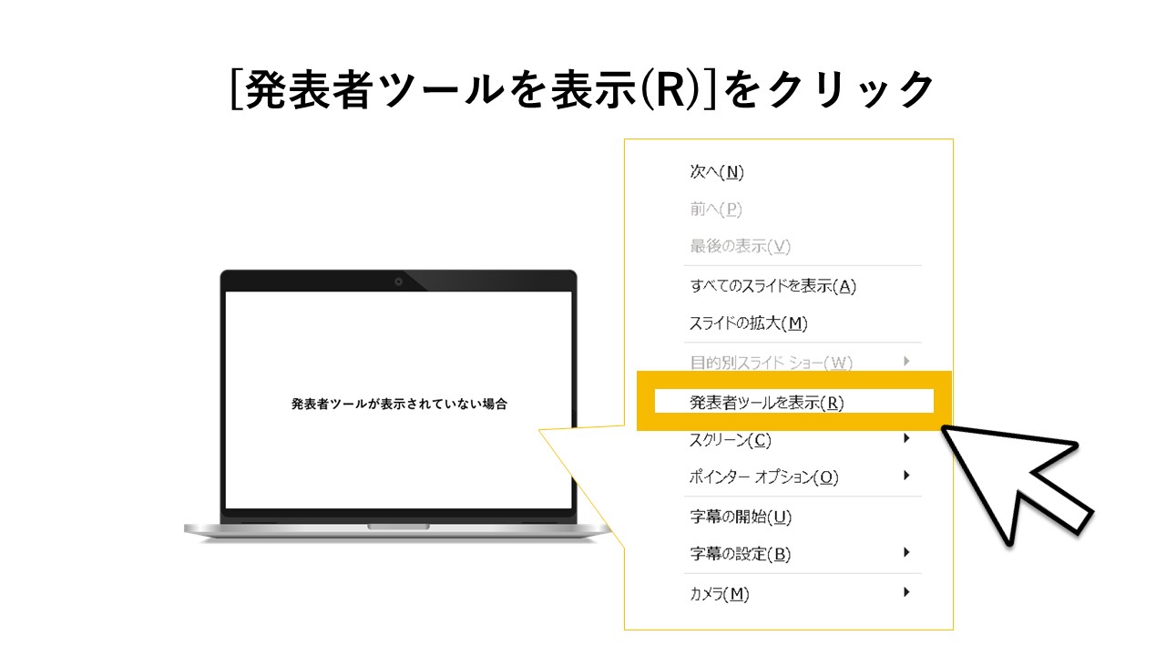 発表者ツールが表示されていない場合のSTEP2：[発表者ツールを表示(R)]をクリック