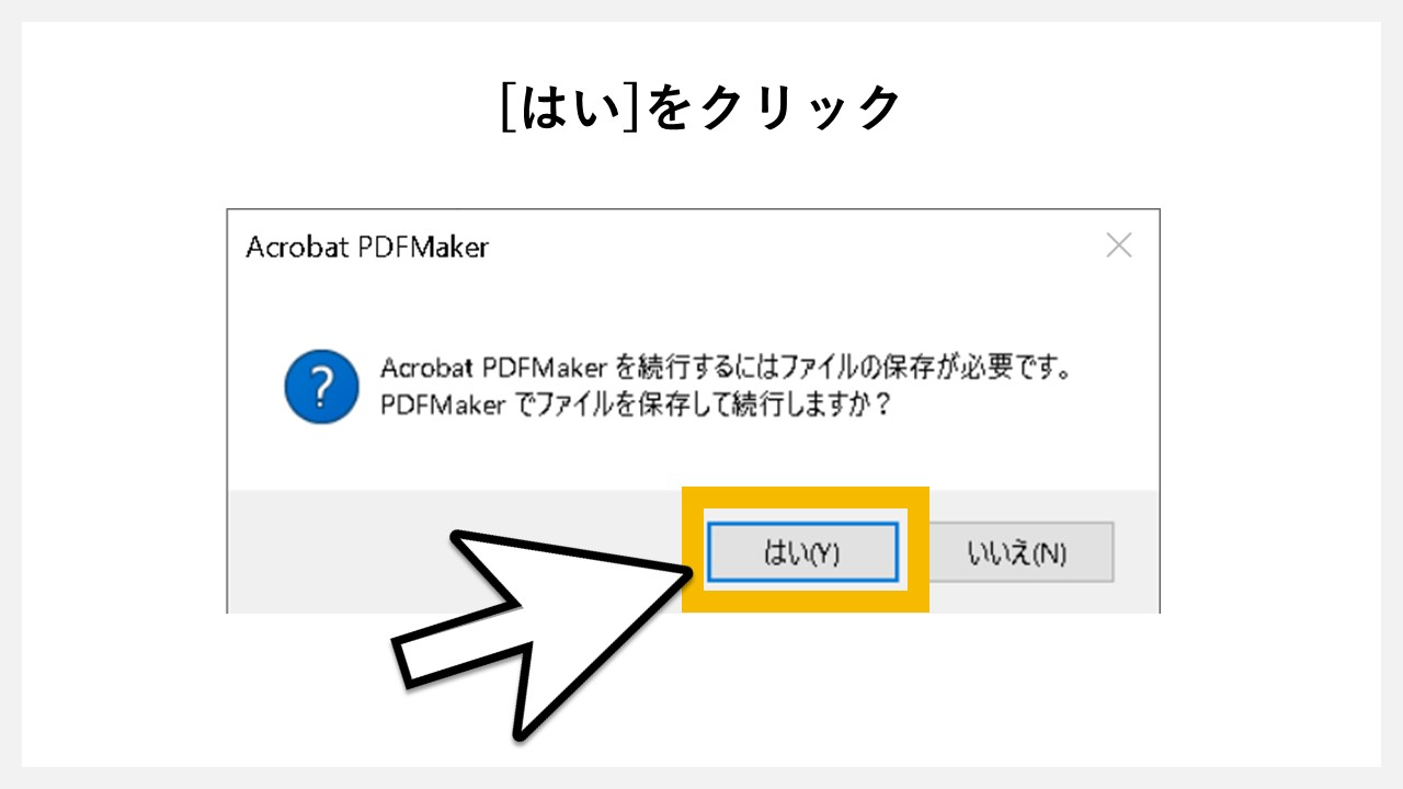 パワーポイントの「Adobe PDFリンクとして保存」でPDF化する方法のSTEP3：[はい]をクリック