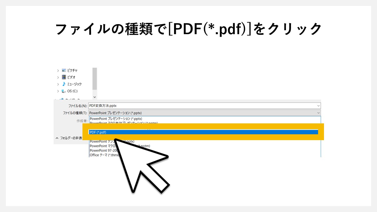 パワーポイントの「名前を付けて保存」でPDF化する方法のSTEP5：ファイルの種類で[PDF(*.pdf)]をクリック