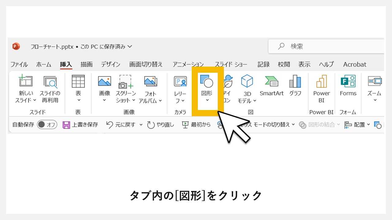 図形を組み合わせて作る：STEP2：タブ内の[図形]をクリック