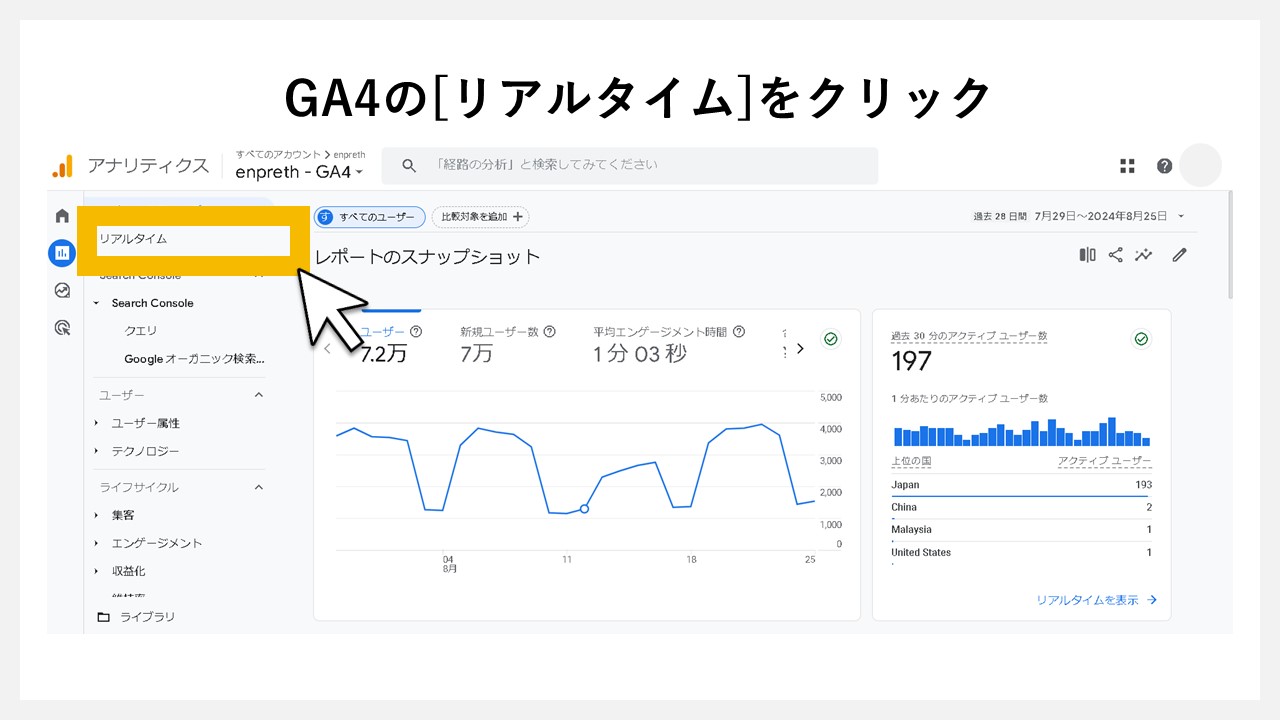 GA4でクリック回数を計測する方法：GA4の[リアルタイム]をクリック