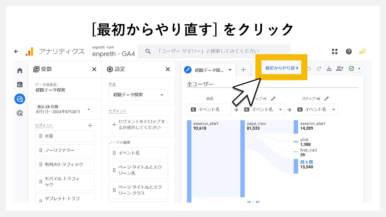 GA4で経路データを表示させる方法：[最初からやり直す] をクリック