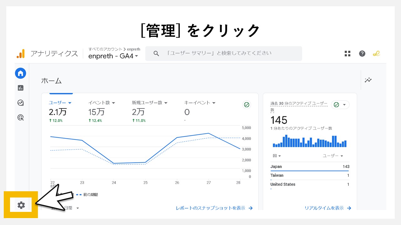 GA4でキーイベント（コンバージョン）を設定手順：[管理] をクリック