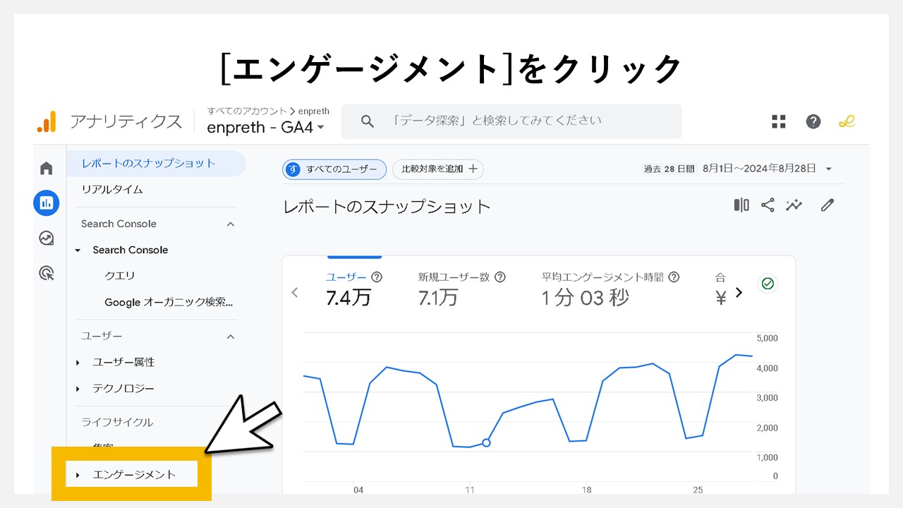GA4でキーイベント（コンバージョン）を設定手順：[エンゲージメント]をクリック