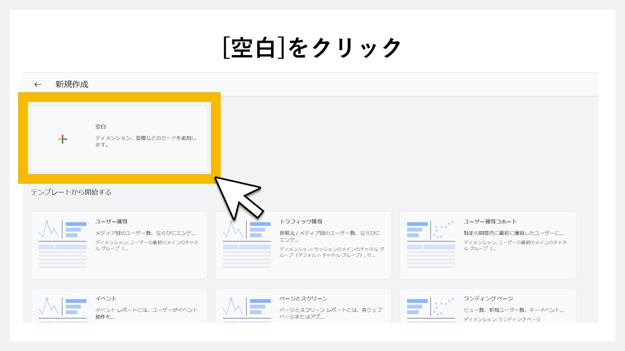 GA4のレポート画面に任意レポートを追加する手順：[空白]をクリック