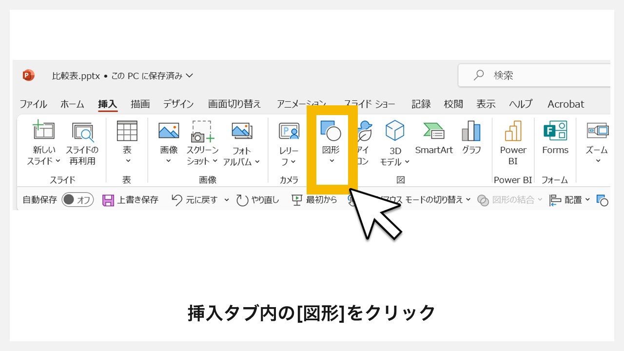 パワーポイントの図形を使った比較表の作り方 STEP2：挿入タブ内の[図形]をクリック