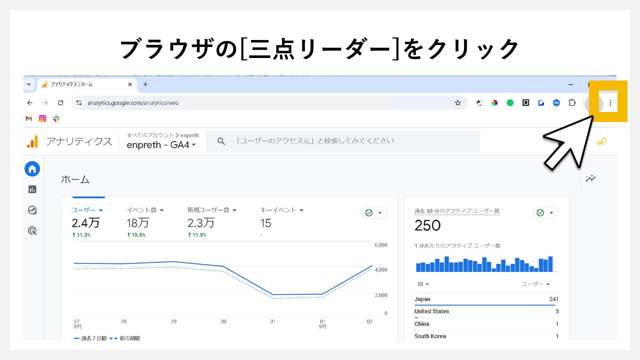 GA4（Googleアナリティクス4）のログインURLを忘れないためブックマークへ登録する：ブラウザの[三点リーダー]をクリック