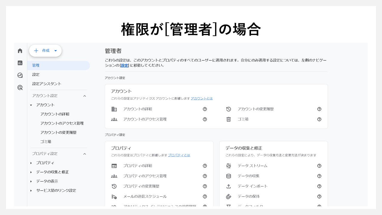 GA4のアカウント権限をUIから判断する方法：GA4の権限が[管理者]の場合