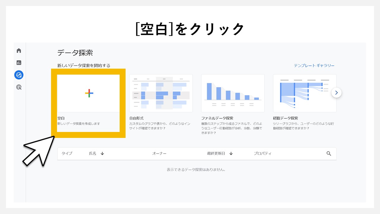 GA4の「探索」でPV（ページビュー数）を確認する手順：[空白]をクリック