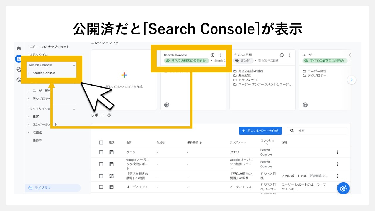 GA4でどの検索キーワードで一番流入しているか見る手順：公開済だと[Search Console]が表示