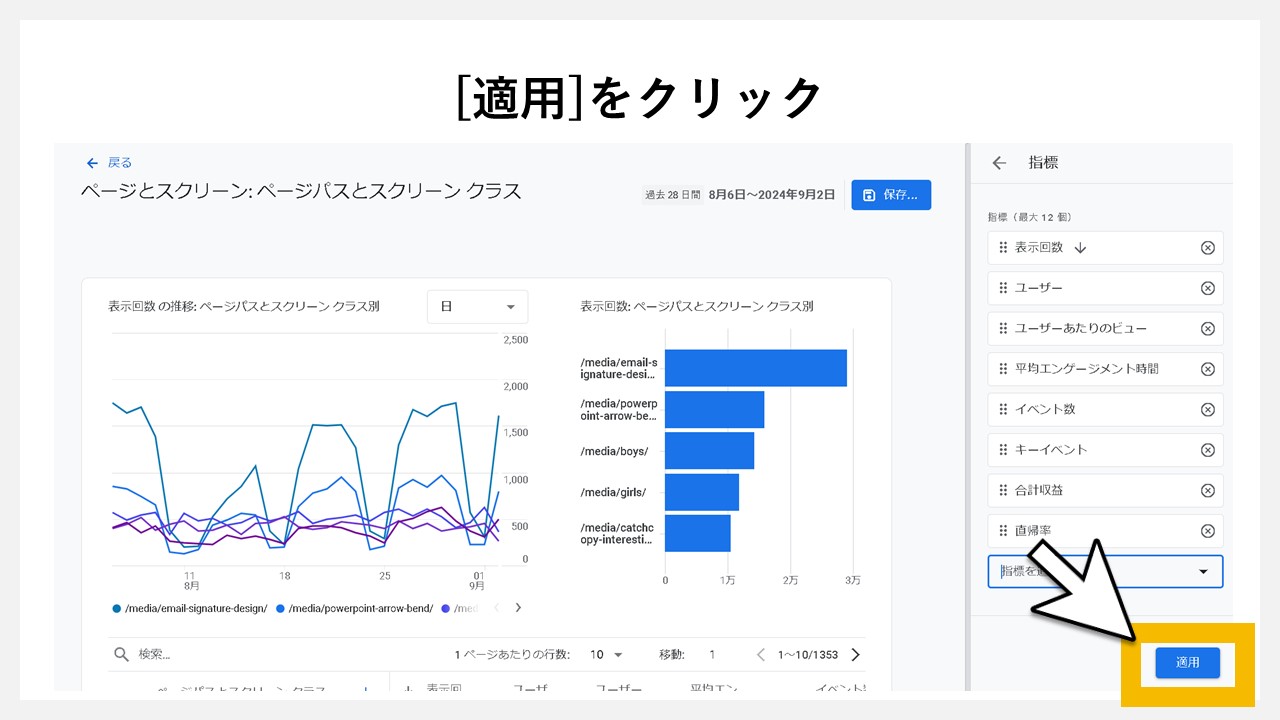 GA4のレポート画面で直帰率を確認する手順：[適用]をクリック