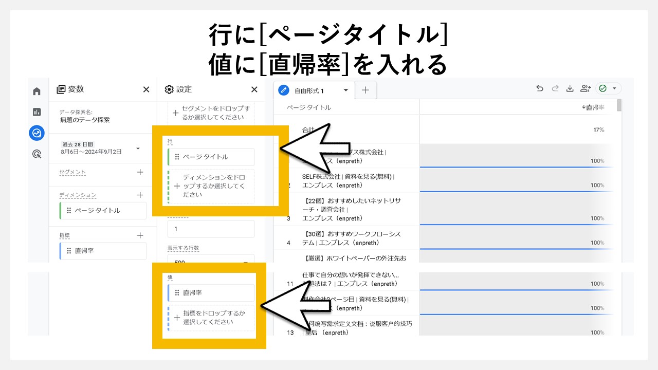GA4のデータ探索で直帰率を確認する手順：設定の行に[ページタイトル]、値に[直帰率]を入れる