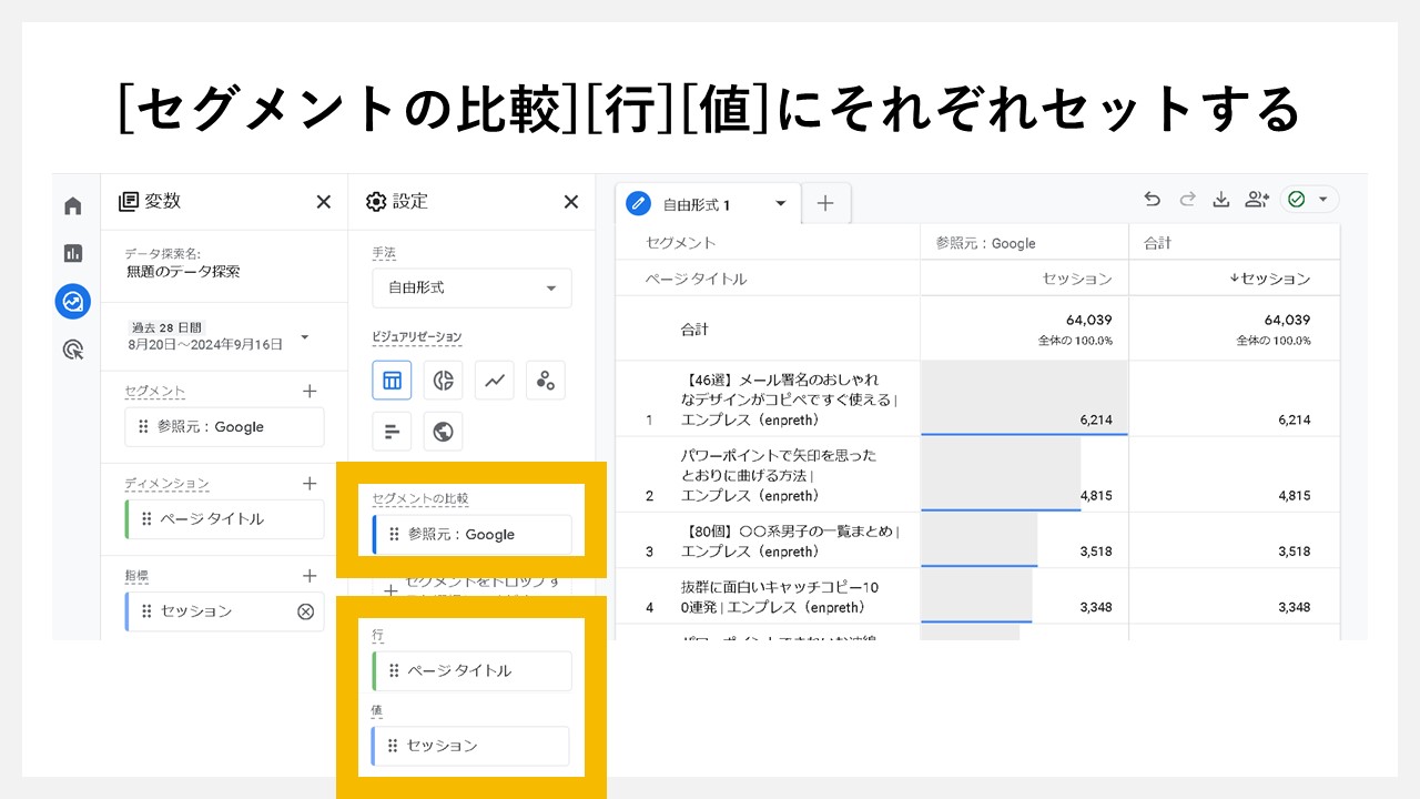 [セグメントの比較][行][値]にそれぞれセットする
