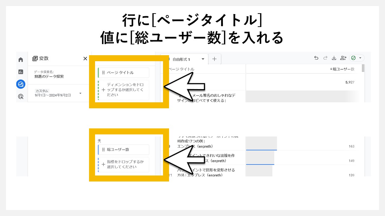 GA4（Googleアナリティクス4）の探索画面でページごとのユーザー数を確認する手順：行に[ページタイトル]、値に[総ユーザー数]を入れる