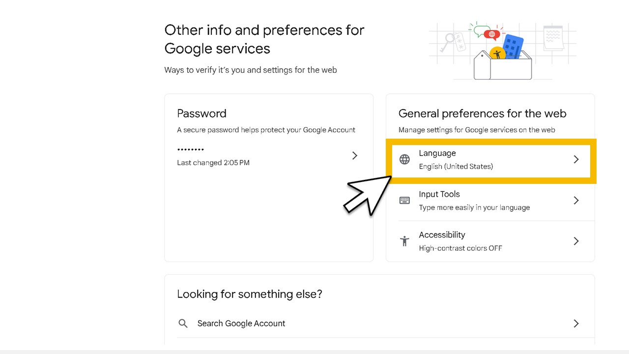 Googleアカウントの言語を英語から日本語へ変える方法STEP2：[General preferences for the web]の[Language]をクリック