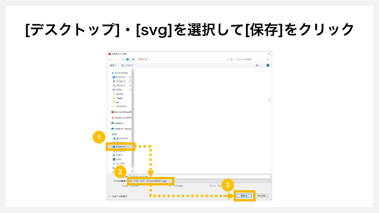 パワーポイントで挿入した地図グラフを図形化する方法STEP5：[デスクトップ]・[svg]を選択して[保存]をクリック