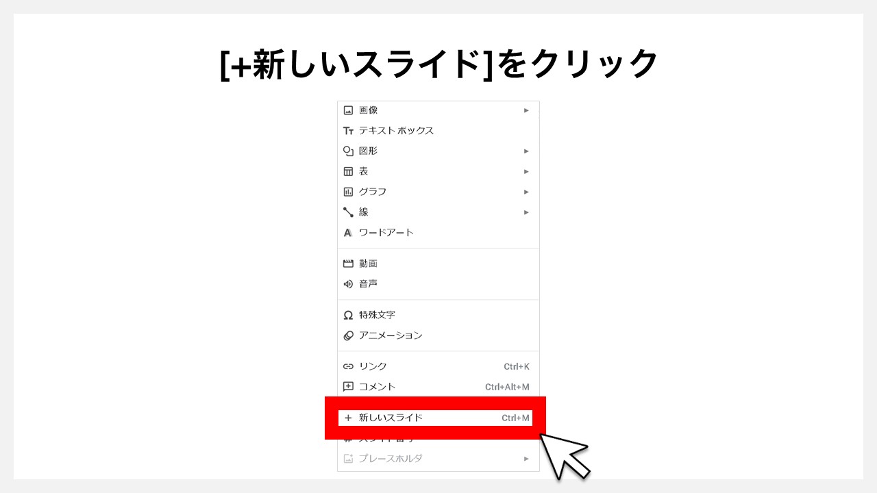 Googleスライドのスライドにアニメーションを付ける方法　[+新しいスライド]をクリック