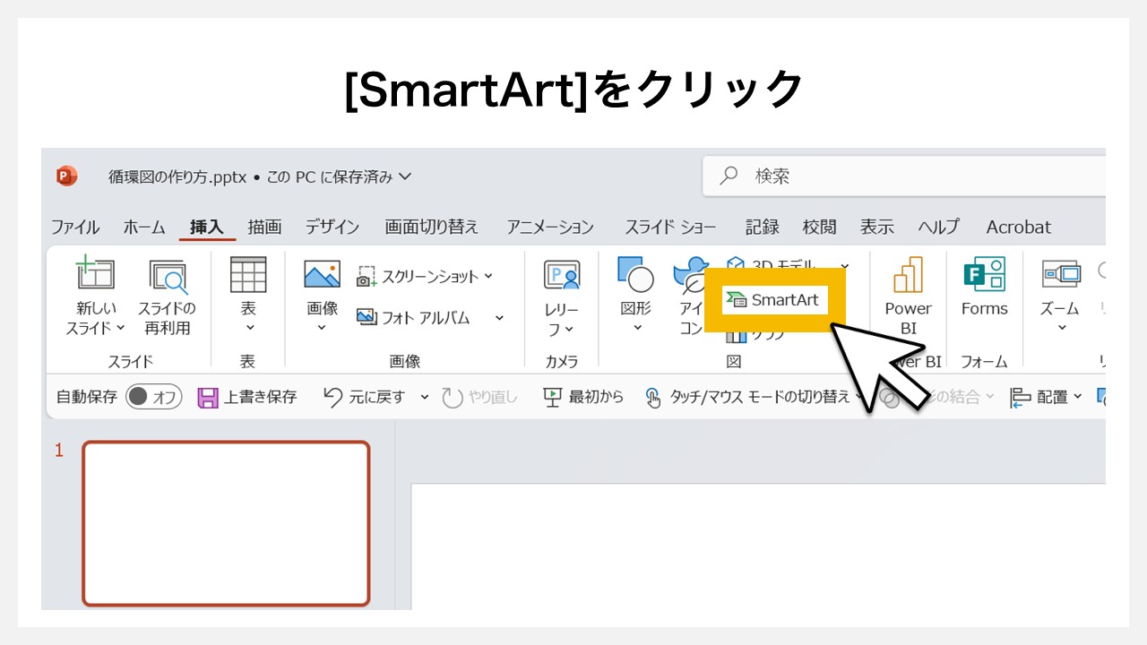 パワーポイントで循環図を作る方法 [SmartArt]をクリック