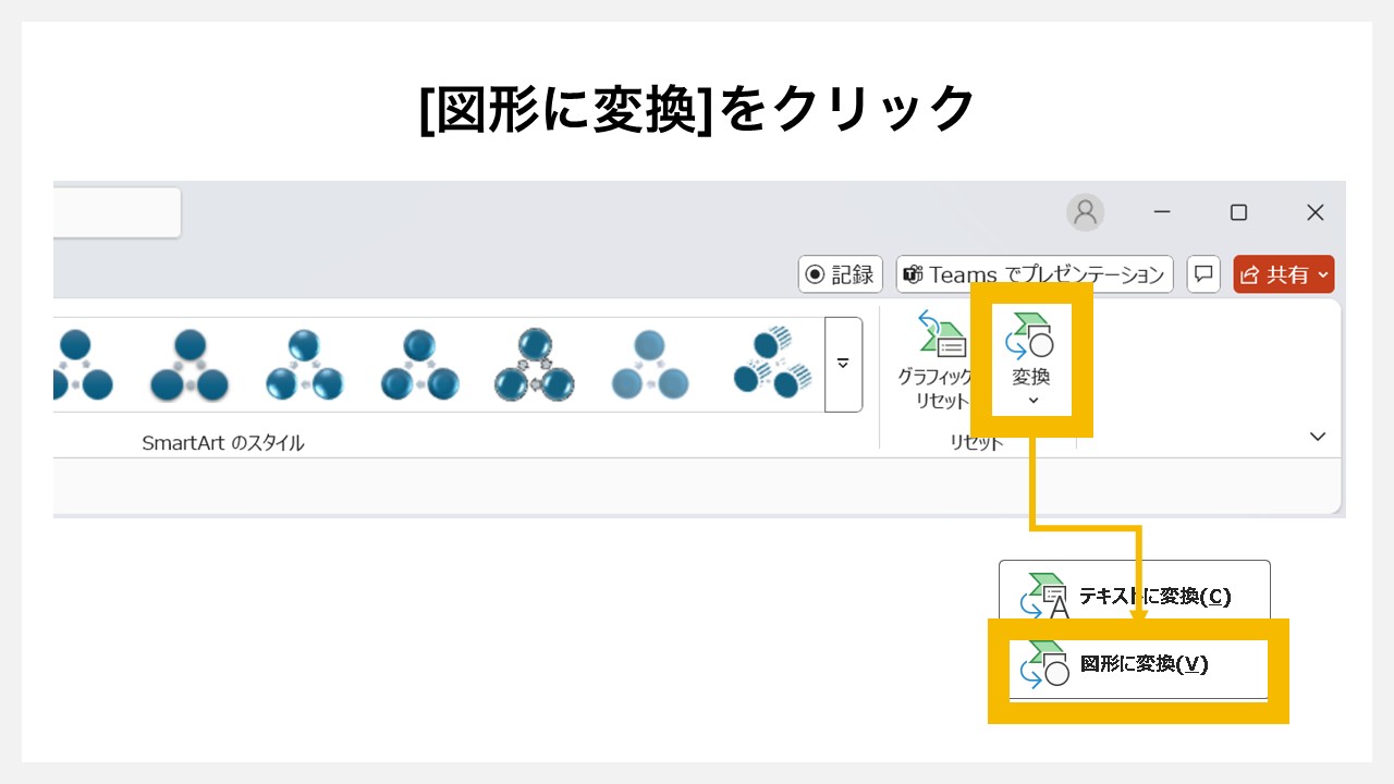 パワーポイントで循環図を作る方法 [図形に変換]をクリック