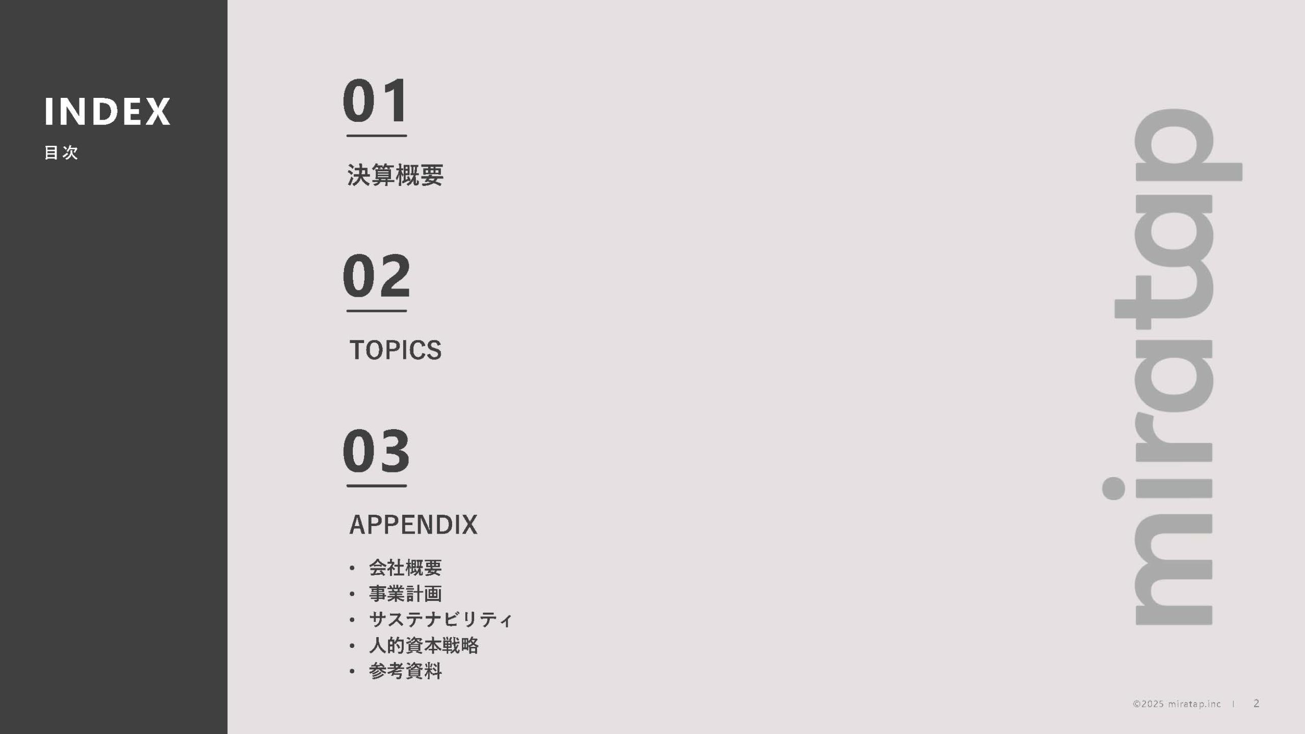 株式会社ミラタップのIR・決算：目次