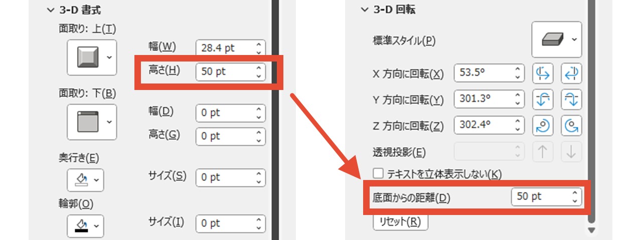 「3-D回転」の「底面からの距離」に「面取り:上」の「高さ」と同じ数値を入力