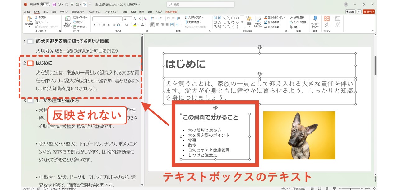 テキストボックスに入力したテキストはアウトラインとして表示されない