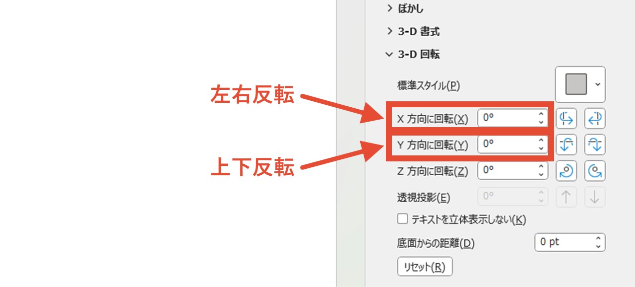 「X方向に回転」または「Y方向に回転」