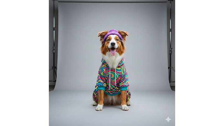 カラフルな服を着た犬の画像