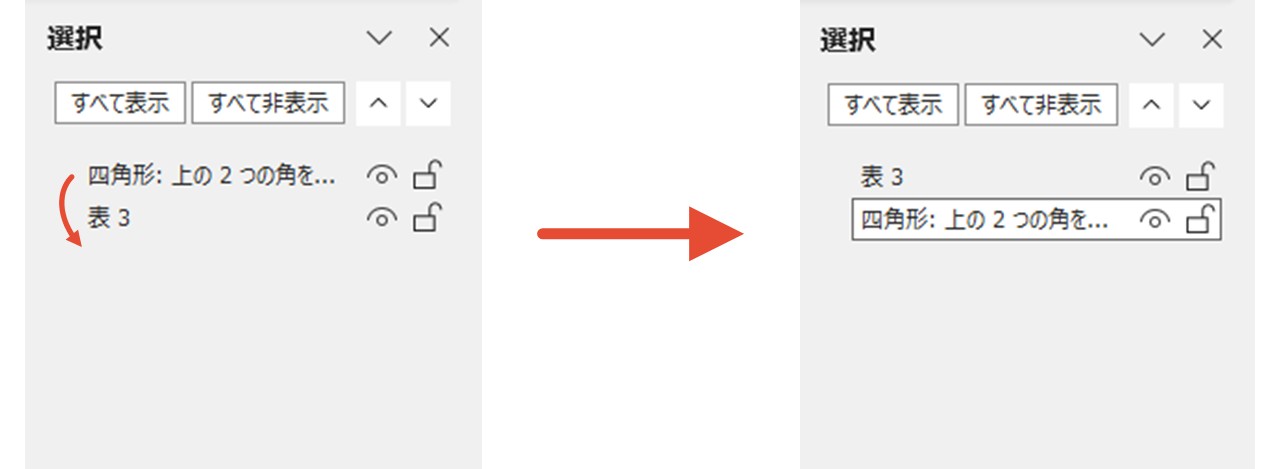 「選択」パネルで重なり順を変更